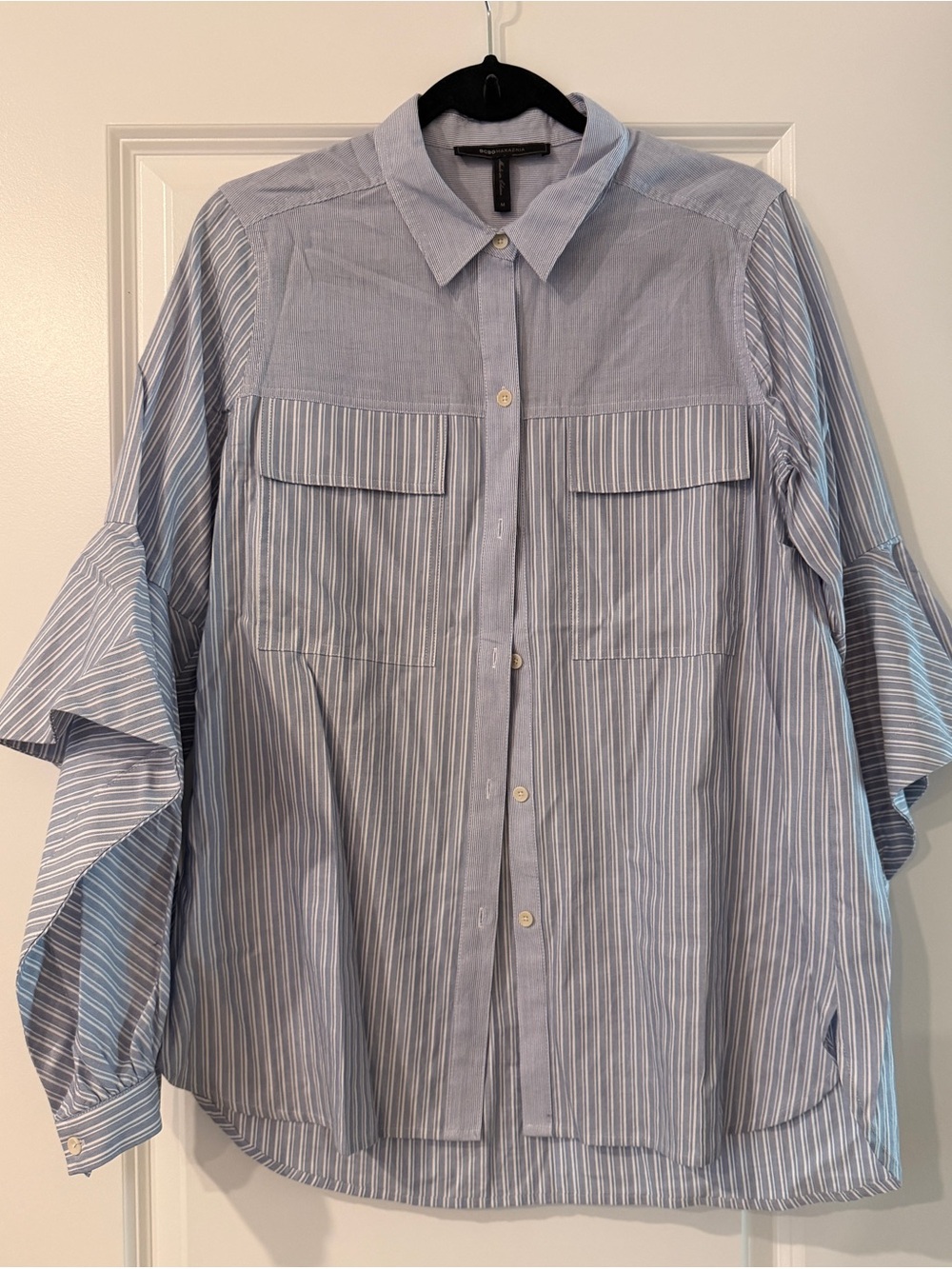New Light Blue Striped and ruffled Button-Up Shirt with Ruffle Sleeves
